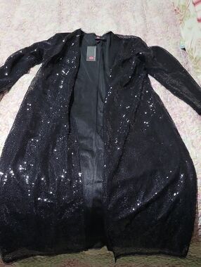 KANCY KOLE Black Sequin Open-Front Duster